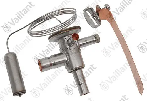 Vaillant Expansionsventil mit mehreren Anschlüssen und einer spiralförmigen Feder, ordnungsgemäß montierbar in Heizsystemen.